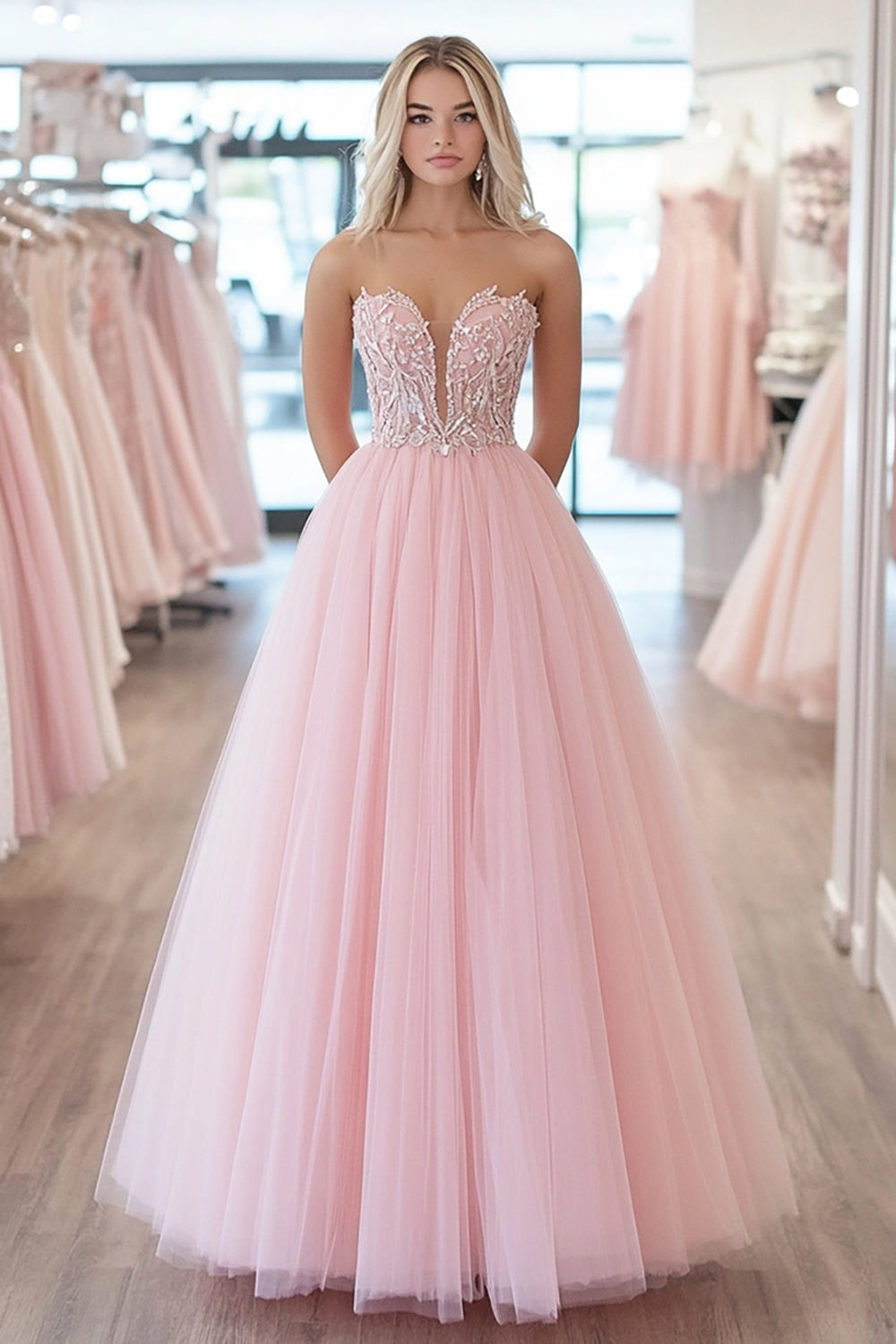 Pink A Line Sweetheart Appliqued Tulle Prom Dress