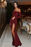 Burgundy Off The Shoulder Satin Gala Dress With Slit