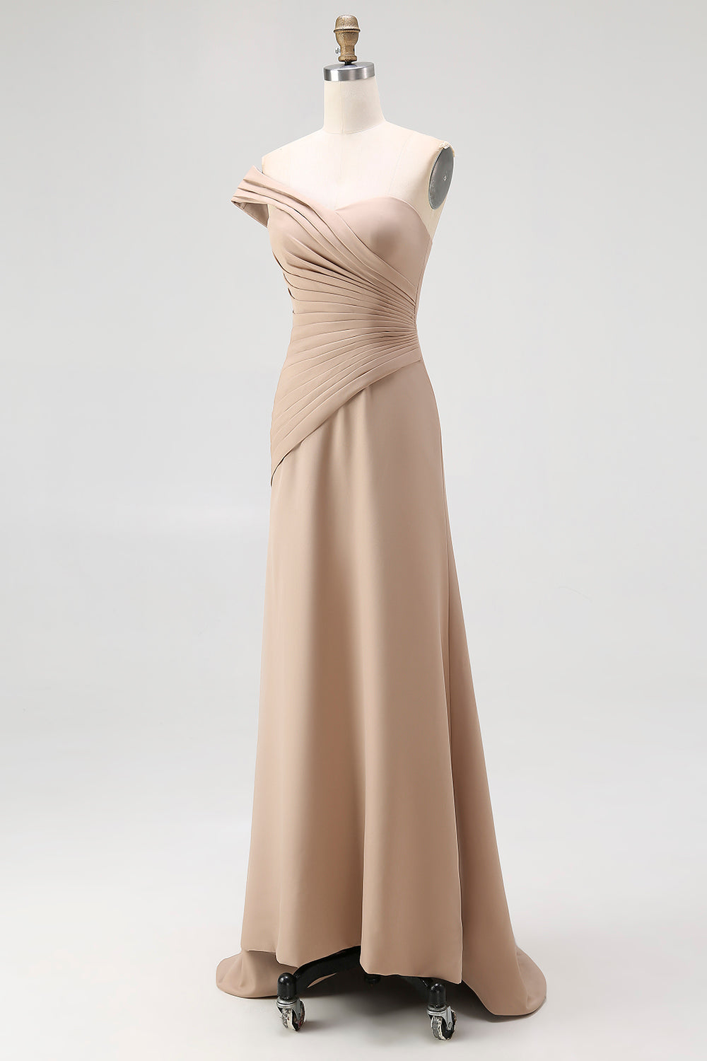 One Shoulder Light Khaki Sheath Pleated Formal Dress
