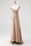 One Shoulder Light Khaki Sheath Pleated Formal Dress