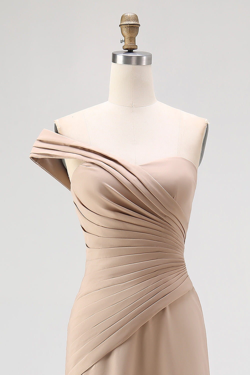One Shoulder Light Khaki Sheath Pleated Formal Dress
