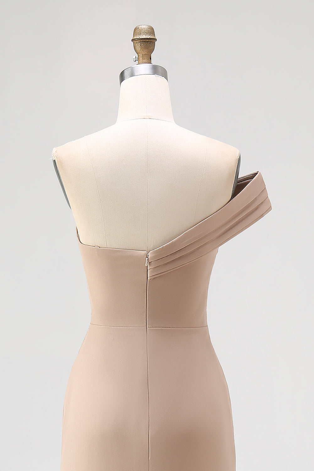 One Shoulder Light Khaki Sheath Pleated Formal Dress
