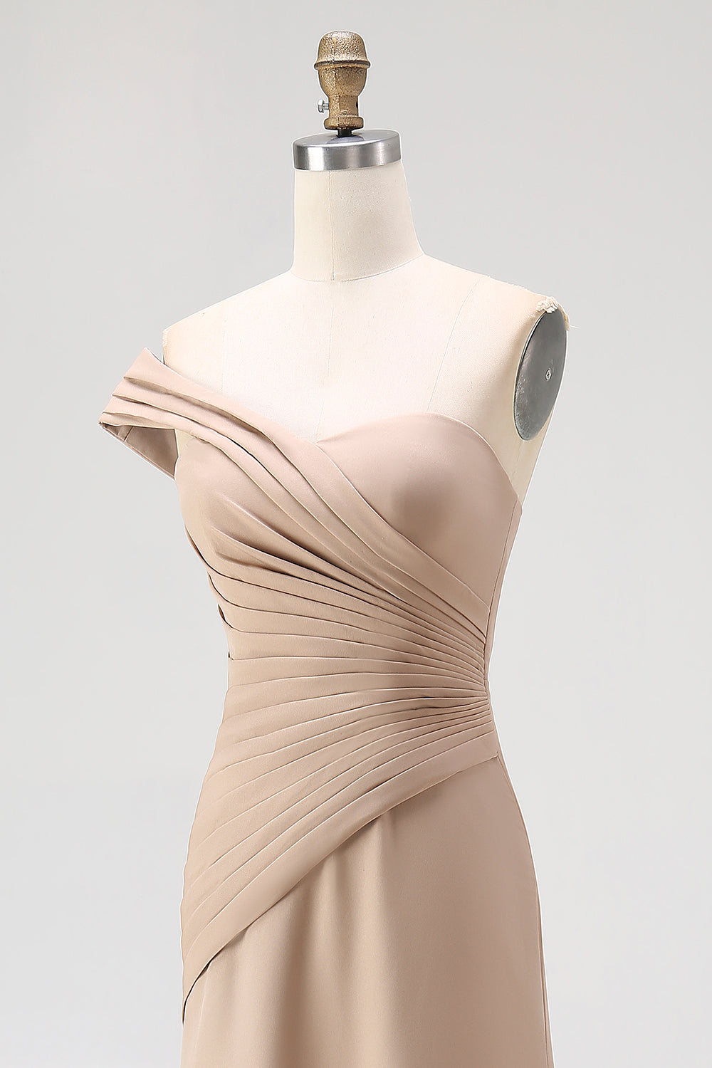 One Shoulder Light Khaki Sheath Pleated Formal Dress