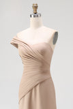 One Shoulder Light Khaki Sheath Pleated Formal Dress