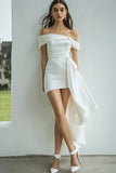 White Satin Sheath Off the Shoulder Mini Dress