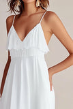 White Ruffled A Line Spaghetti Straps Engagement Dress