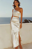 Ivory Satin Sheath One Shoulder Engagement Dress