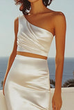 Ivory Satin Sheath One Shoulder Engagement Dress