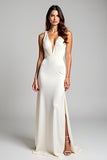 Ivory V-Neck Sheath Engagement Dress with Slit