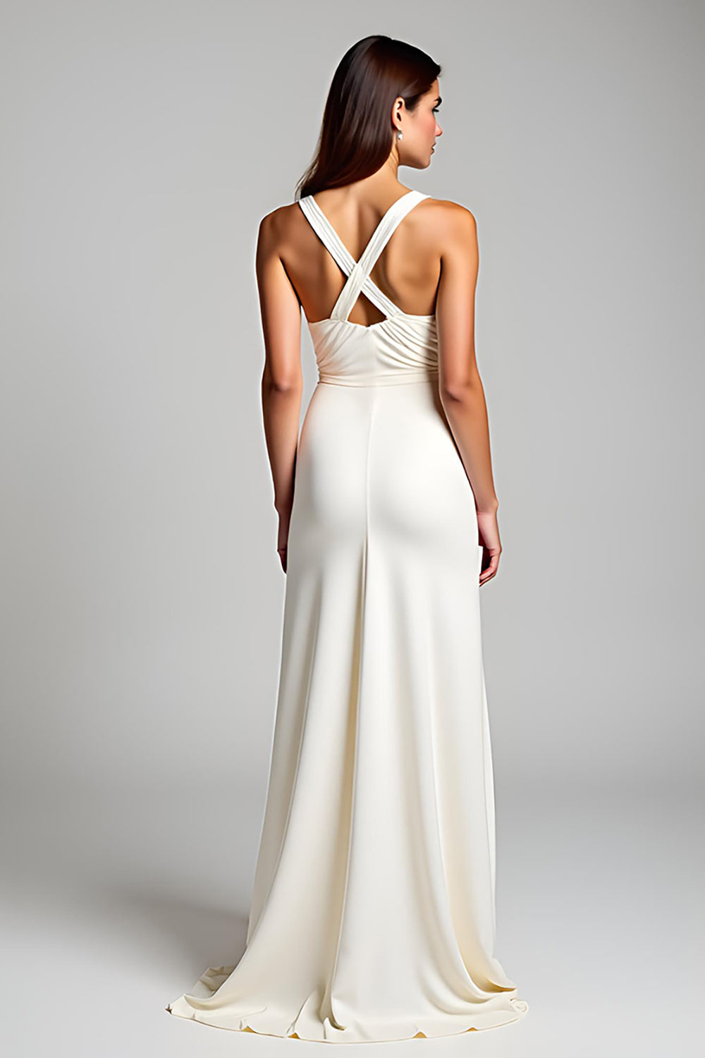 Ivory V-Neck Sheath Engagement Dress with Slit