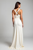 Ivory V-Neck Sheath Engagement Dress with Slit