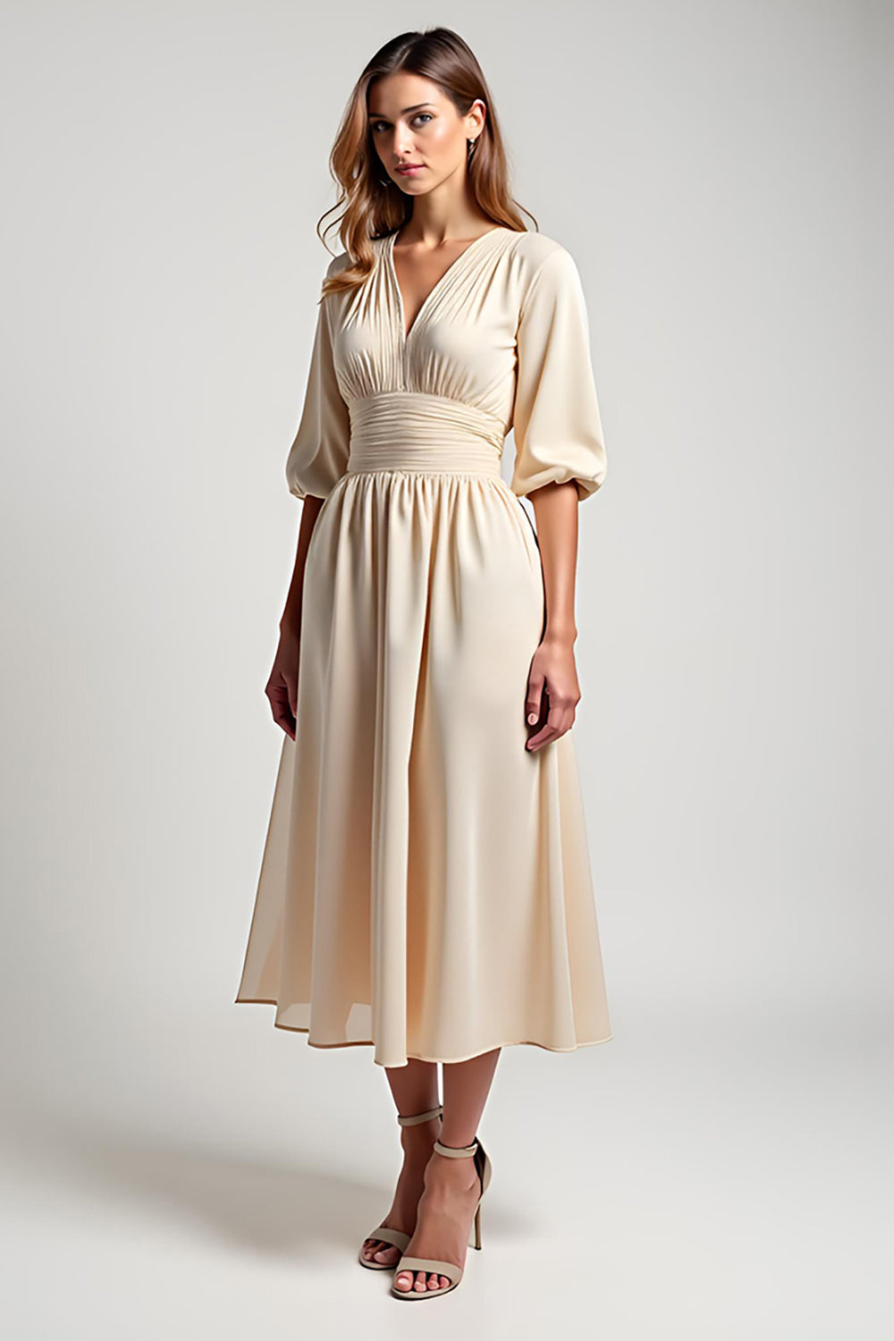 A Line Champagne Chiffon Half Sleeves V Neck Mother of the Bride Dress
