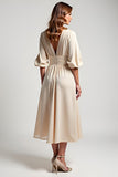 A Line Champagne Chiffon Half Sleeves V Neck Mother of the Bride Dress