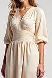 A Line Champagne Chiffon Half Sleeves V Neck Mother of the Bride Dress