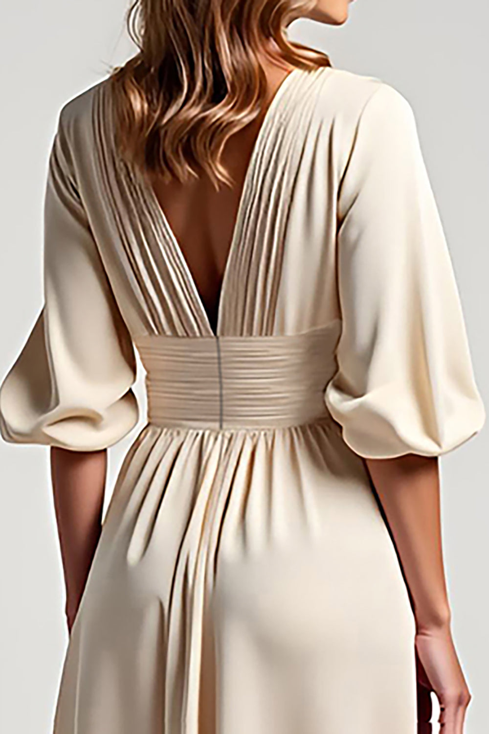 A Line Champagne Chiffon Half Sleeves V Neck Mother of the Bride Dress