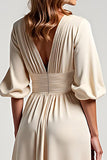 A Line Champagne Chiffon Half Sleeves V Neck Mother of the Bride Dress