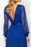 Royal Blue Chiffon Long Sleeve A Line Mother of the Bride Dress