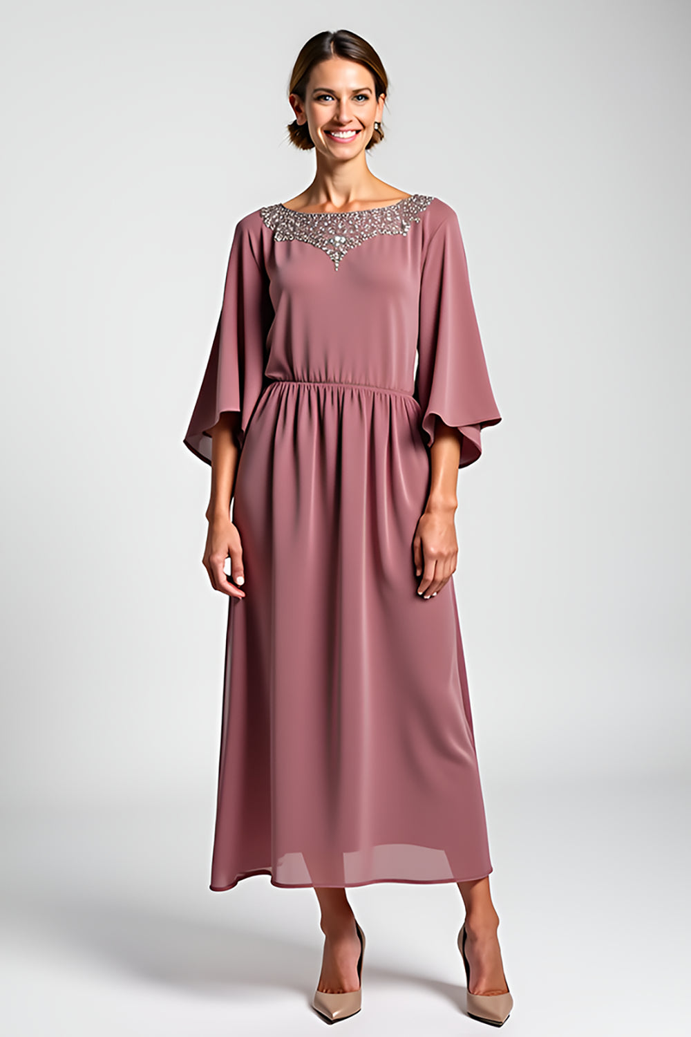 Vintage Mauve Chiffon 3/4 Sleeves Mother of the Bride Dress with Beading