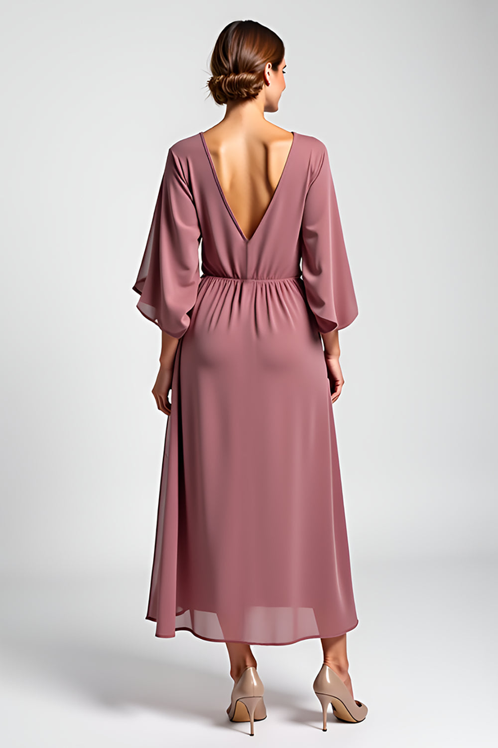 Vintage Mauve Chiffon 3/4 Sleeves Mother of the Bride Dress with Beading