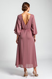 Vintage Mauve Chiffon 3/4 Sleeves Mother of the Bride Dress with Beading