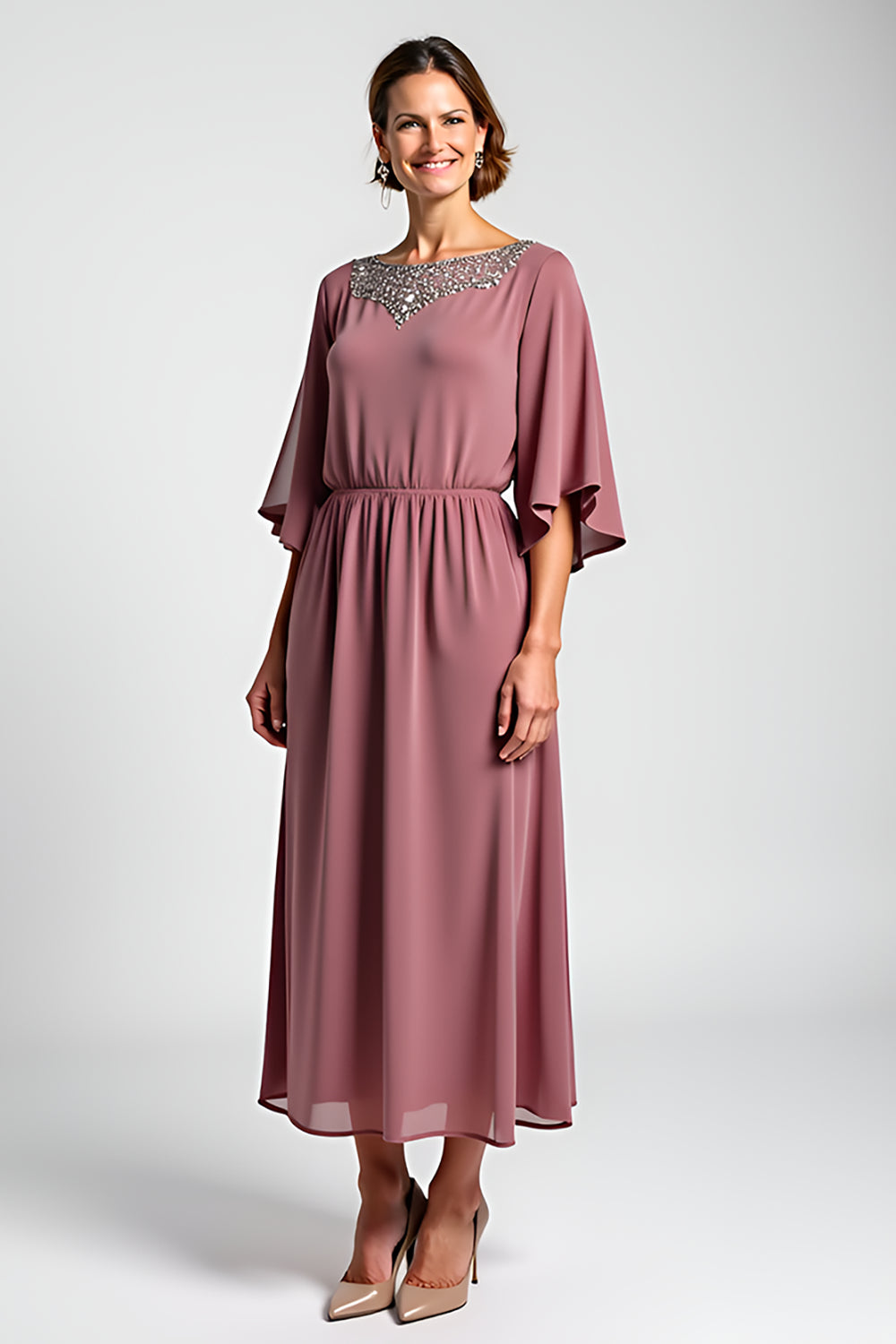 Vintage Mauve Chiffon 3/4 Sleeves Mother of the Bride Dress with Beading