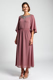Vintage Mauve Chiffon 3/4 Sleeves Mother of the Bride Dress with Beading