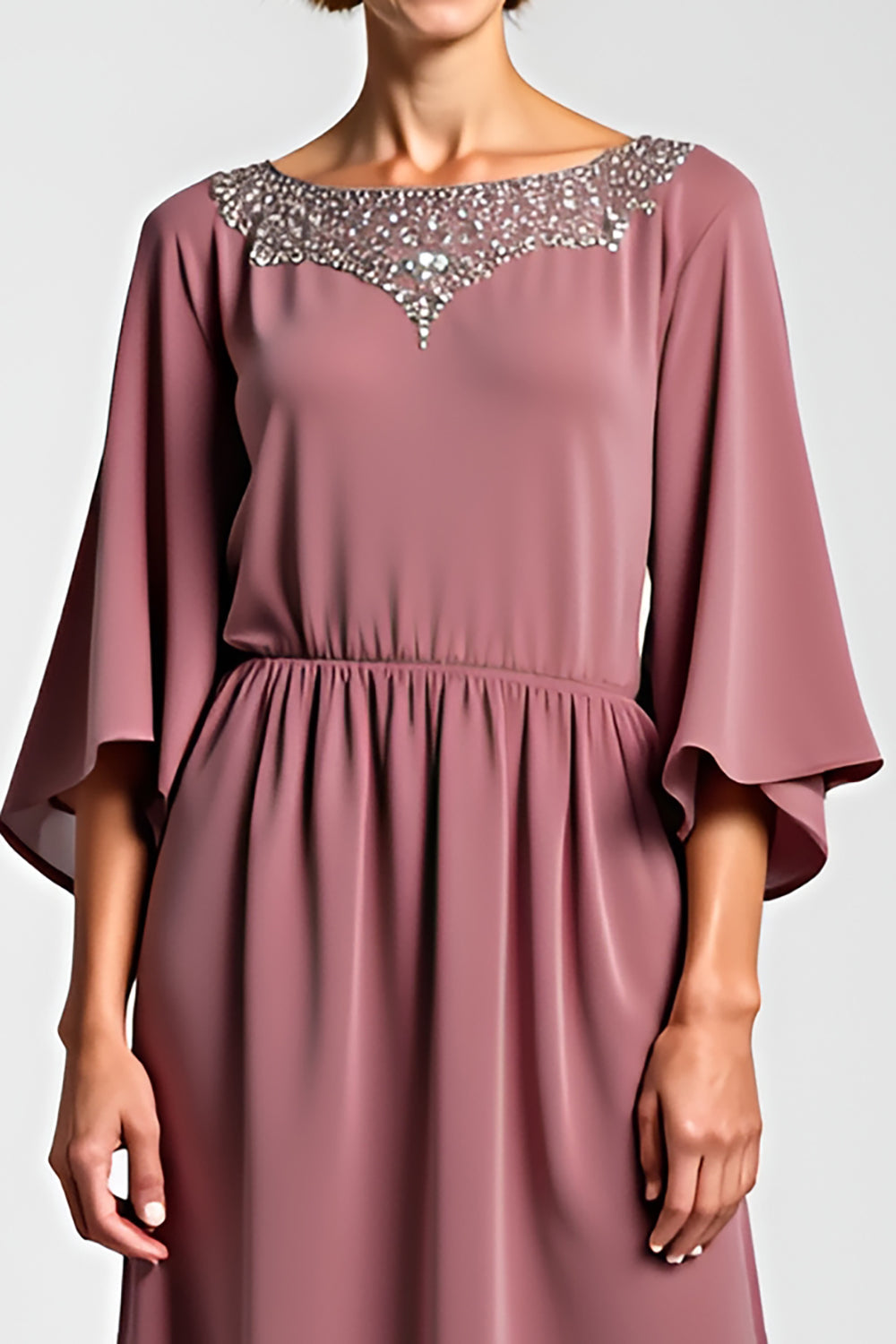 Vintage Mauve Chiffon 3/4 Sleeves Mother of the Bride Dress with Beading
