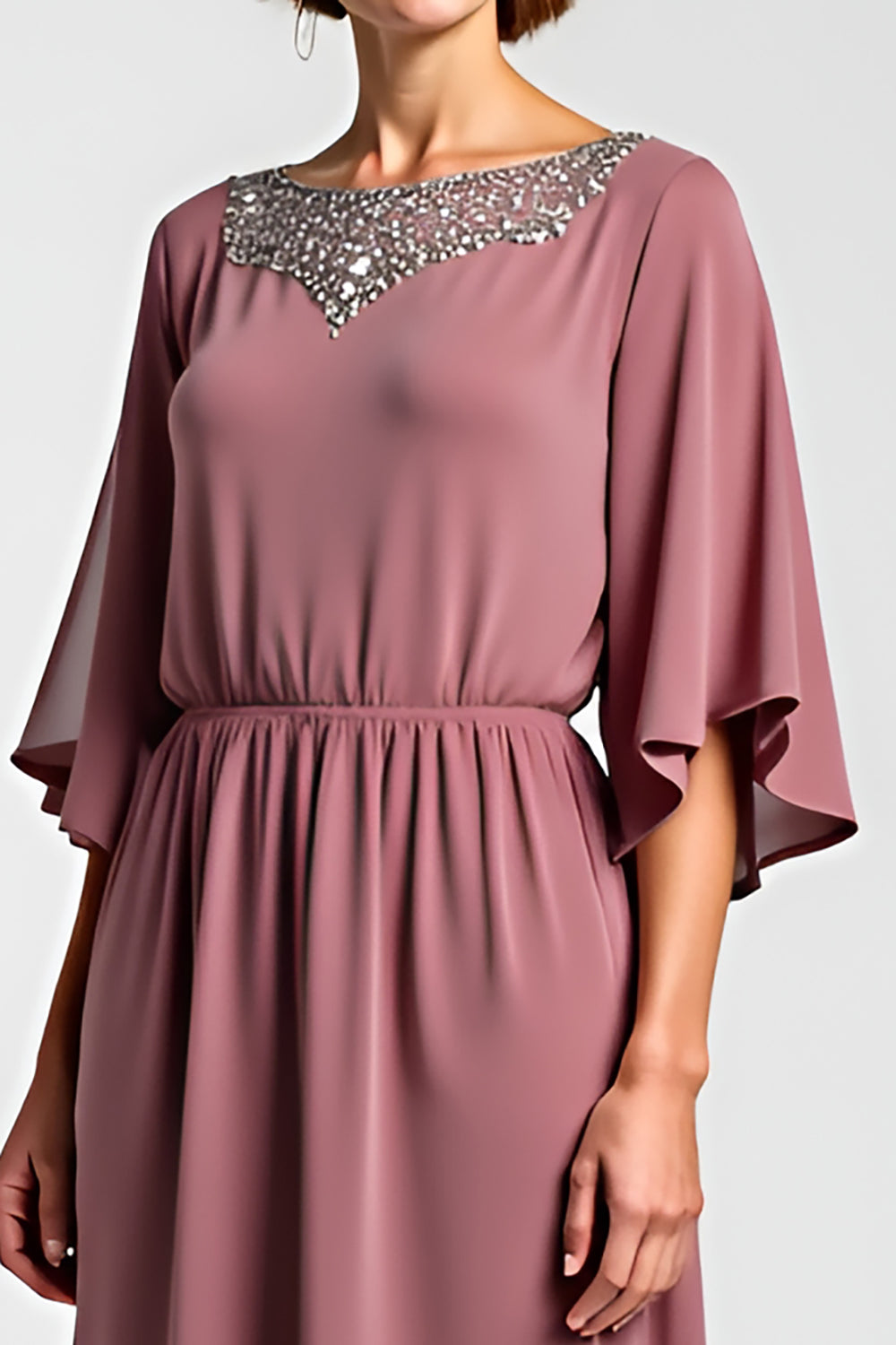 Vintage Mauve Chiffon 3/4 Sleeves Mother of the Bride Dress with Beading