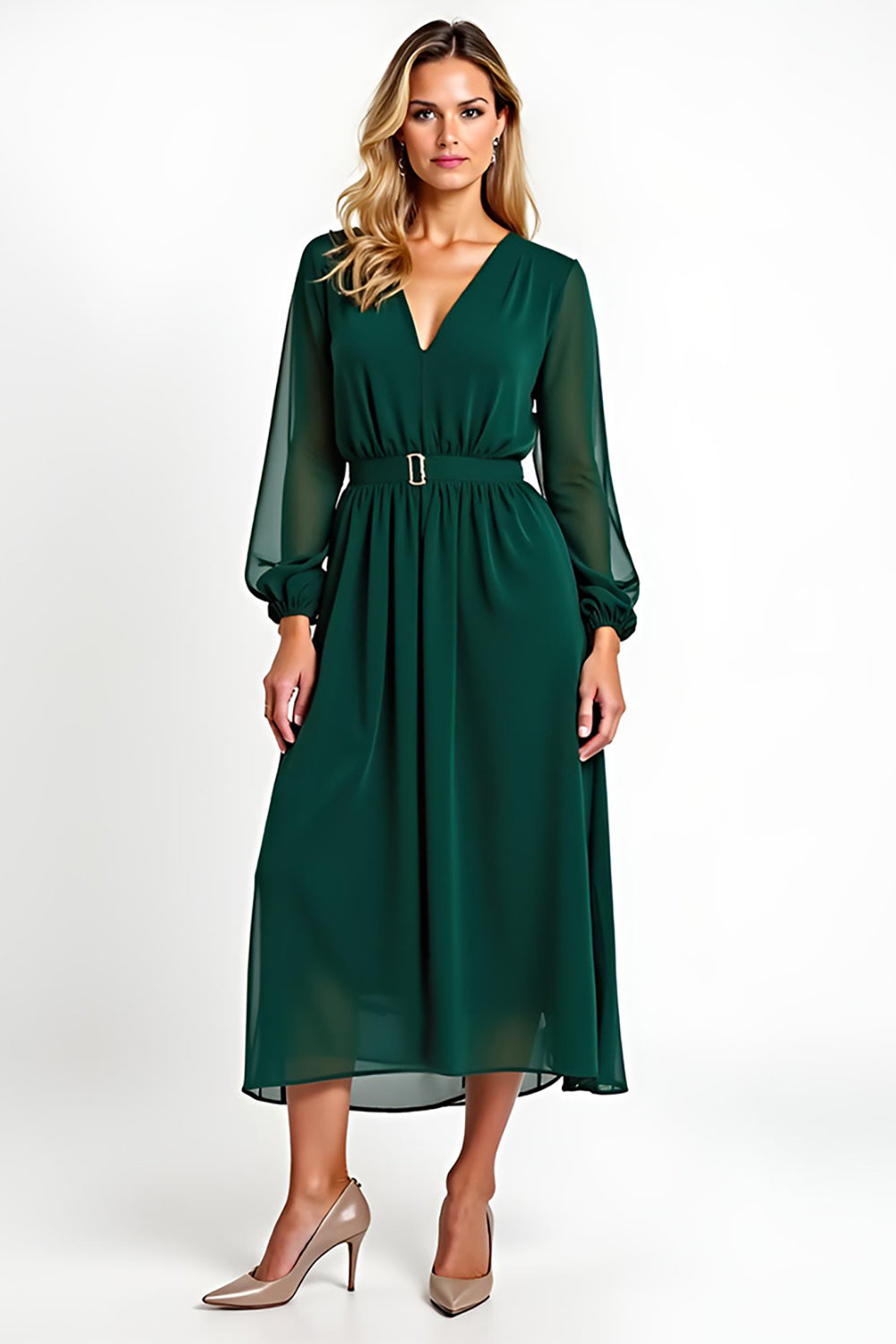 Chiffon A Line Dark Green Long Sleeve V Neck Mother of the Bride Dress