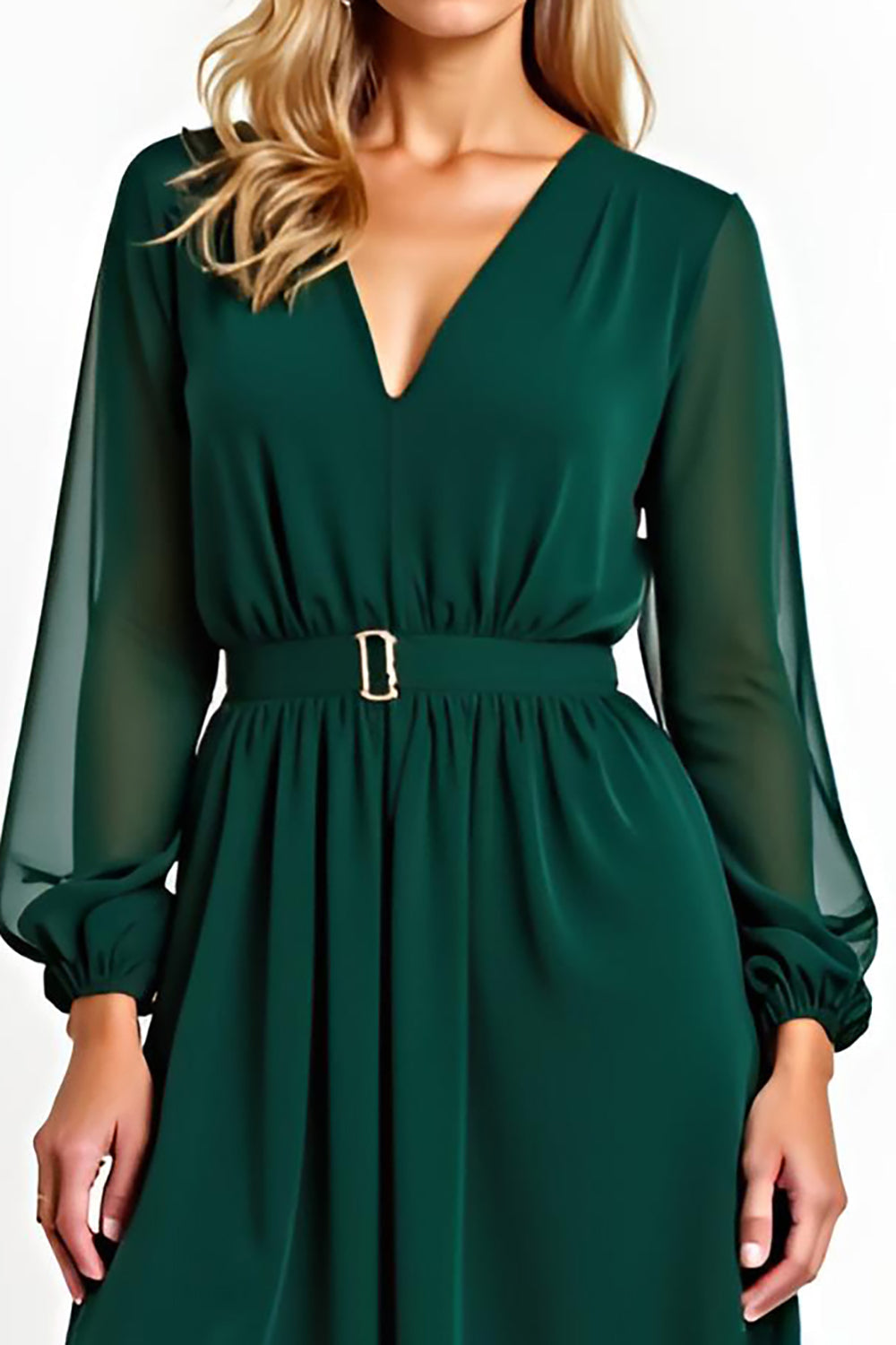 Chiffon A Line Dark Green Long Sleeve V Neck Mother of the Bride Dress