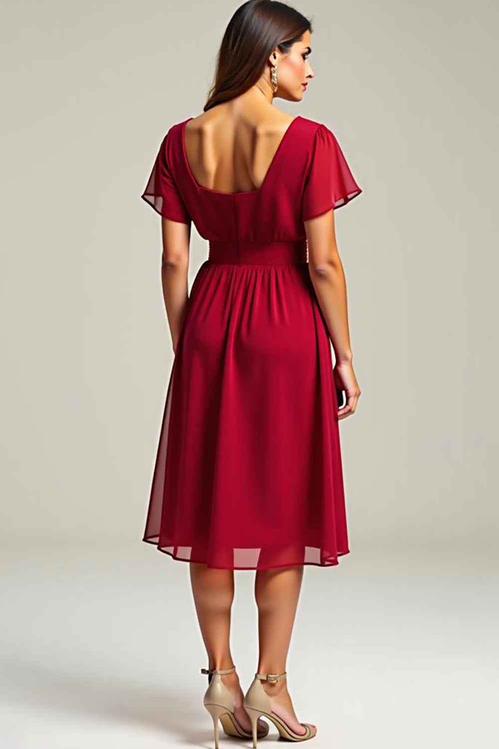Red A Line V Neck Chiffon Midi Wedding Guest Dress
