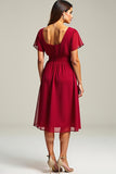 Red A Line V Neck Chiffon Midi Wedding Guest Dress
