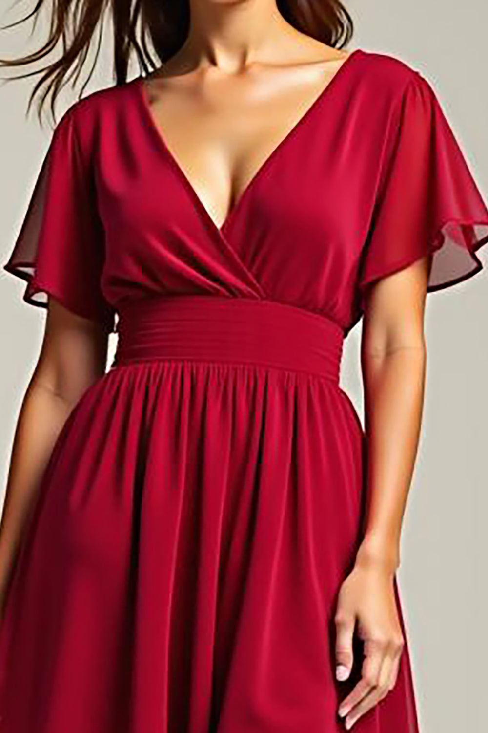 Red A Line V Neck Chiffon Midi Wedding Guest Dress