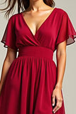Red A Line V Neck Chiffon Midi Wedding Guest Dress