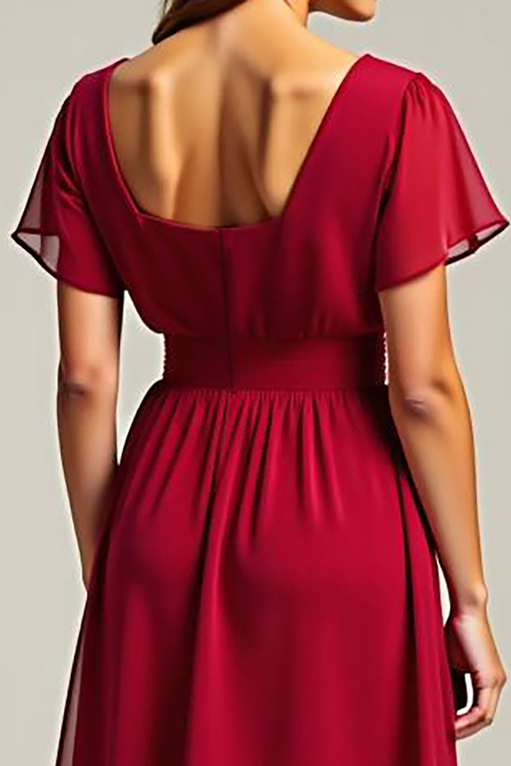Red A Line V Neck Chiffon Midi Wedding Guest Dress