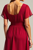 Red A Line V Neck Chiffon Midi Wedding Guest Dress