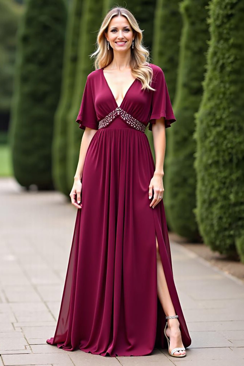 A Line V Neck Beaded Burgundy Mother Of The Bride Dress With Slit