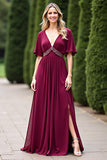 A Line V Neck Beaded Burgundy Mother Of The Bride Dress With Slit