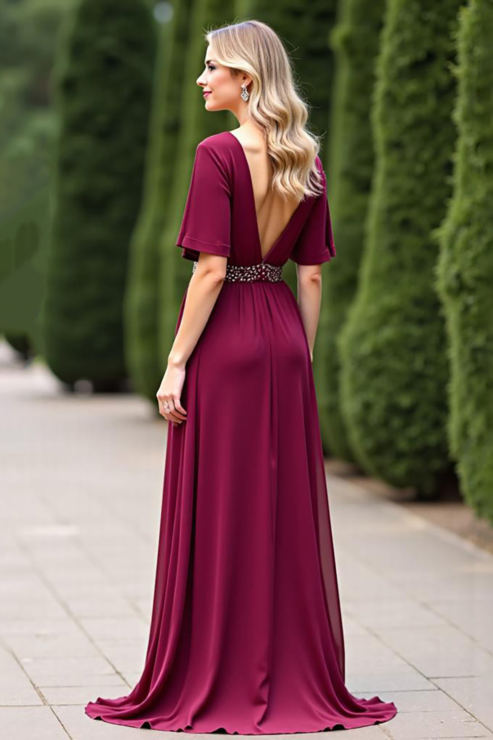 A Line V Neck Beaded Burgundy Mother Of The Bride Dress With Slit