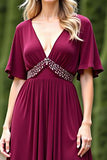 A Line V Neck Beaded Burgundy Mother Of The Bride Dress With Slit