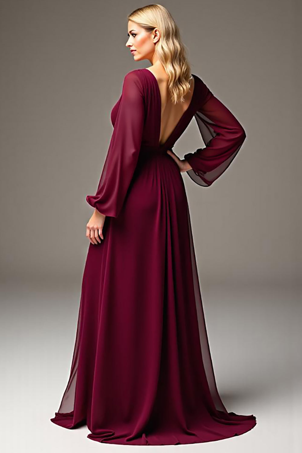 Burgundy V Neck Long Sleeve Chiffon Long Mother Of The Bride Dress