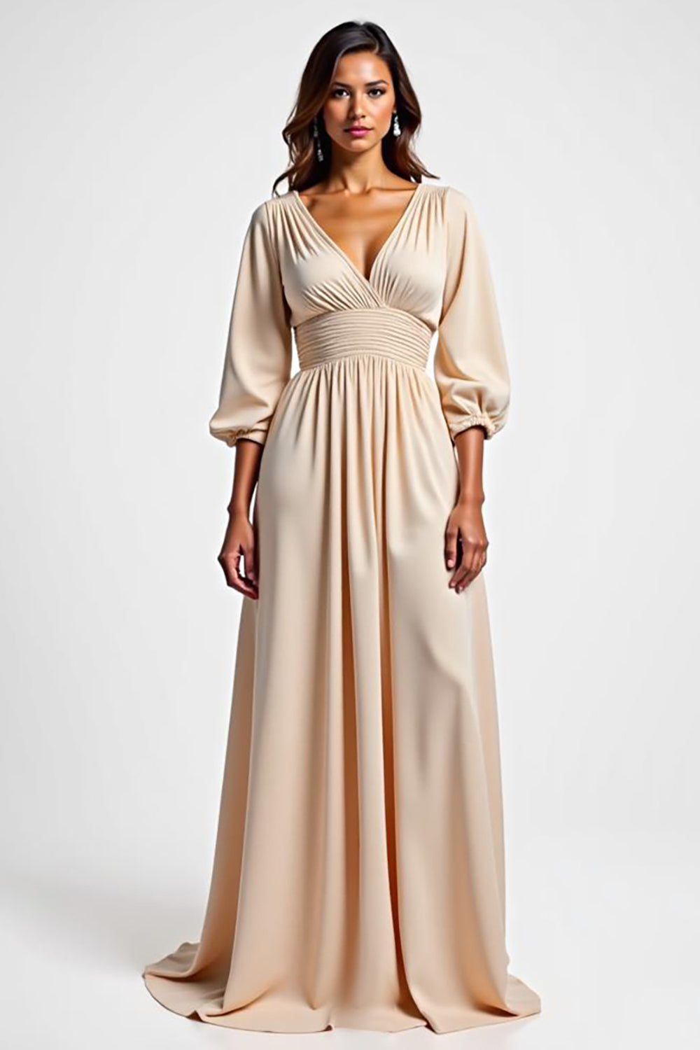 Champagne V Neck Long Sleeve Satin Wedding Guest Dress
