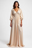 Champagne V Neck Long Sleeve Satin Wedding Guest Dress