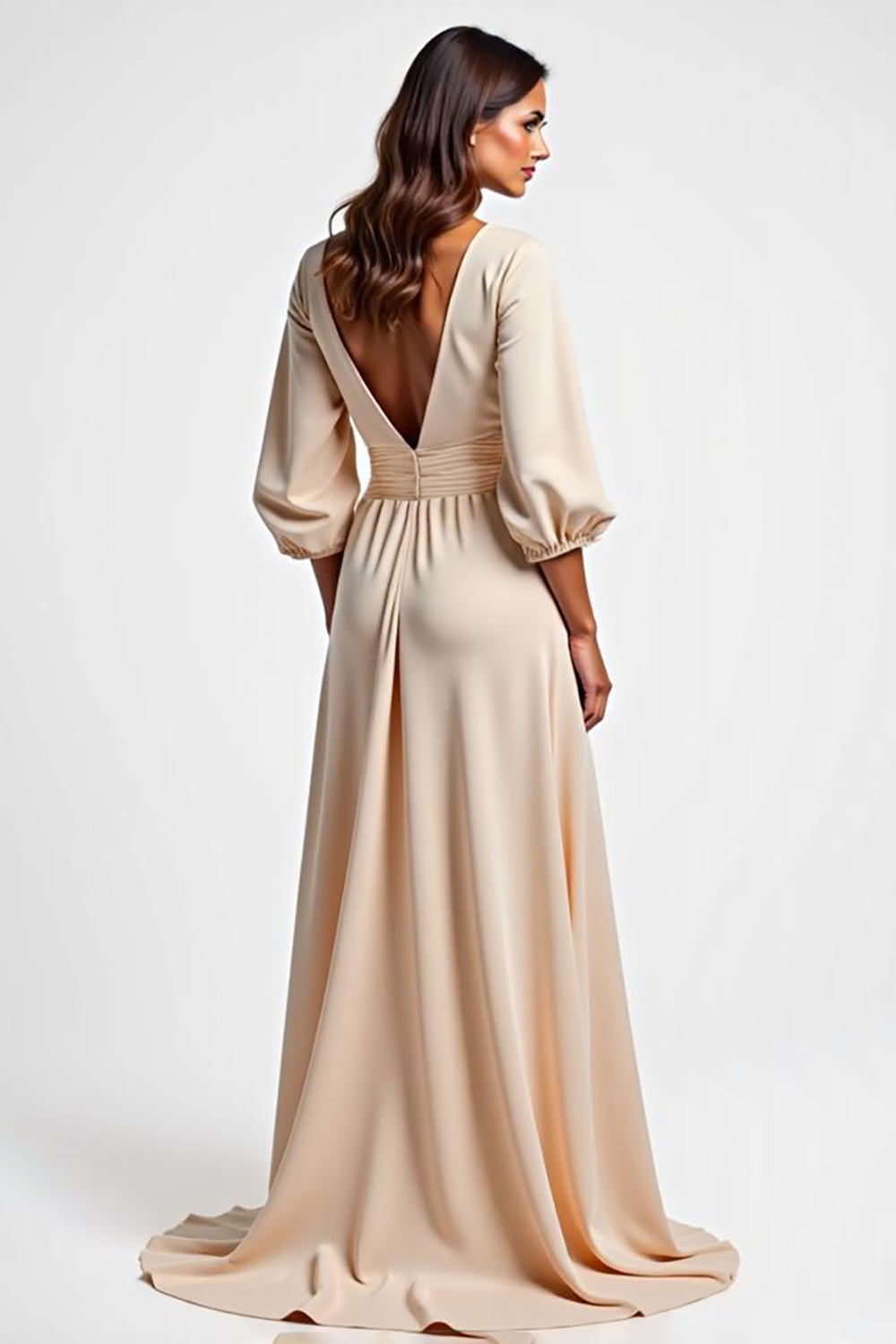Champagne V Neck Long Sleeve Satin Wedding Guest Dress