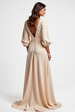 Champagne V Neck Long Sleeve Satin Wedding Guest Dress