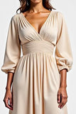 Champagne V Neck Long Sleeve Satin Wedding Guest Dress