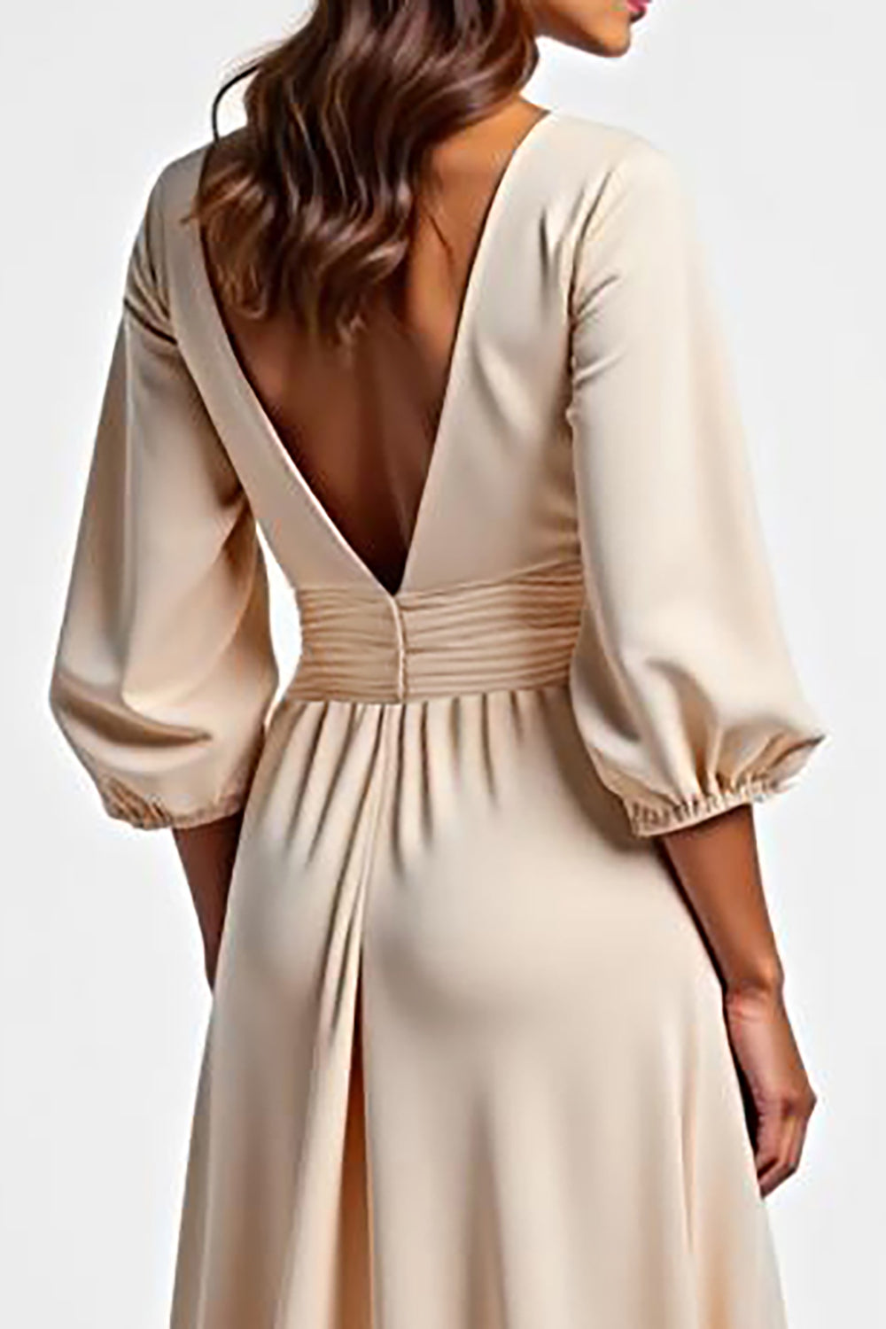 Champagne V Neck Long Sleeve Satin Wedding Guest Dress