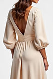 Champagne V Neck Long Sleeve Satin Wedding Guest Dress