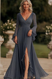 Dark Grey Wrap Long Sleeve Ruffled Chiffon Long Mother of the Bride Dress