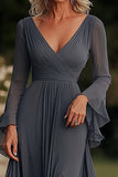 Dark Grey Wrap Long Sleeve Ruffled Chiffon Long Mother of the Bride Dress